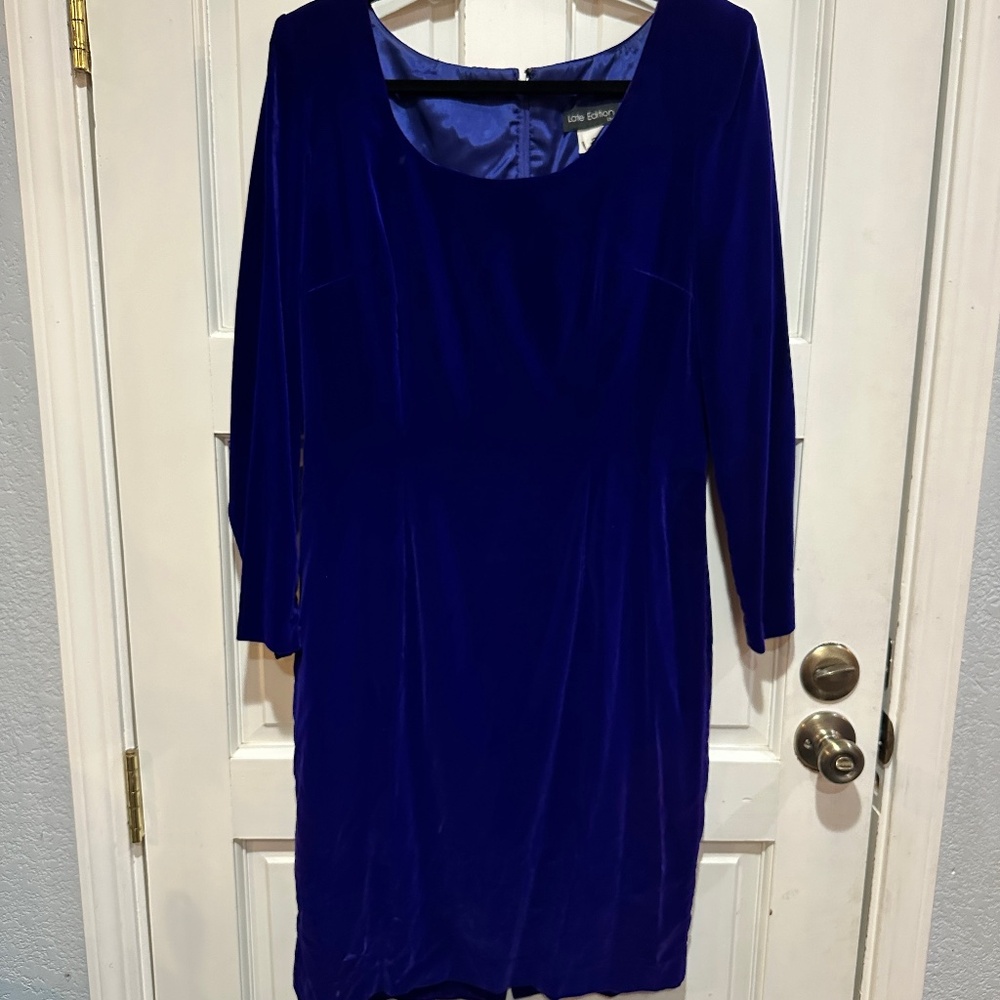 90s Cocktail Dress Purple Deep Blue Velvet Long Sleeve Cocktail Dress Size 14